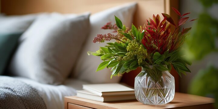 Elegant floral arrangement in crystal vase on cozy bedside table