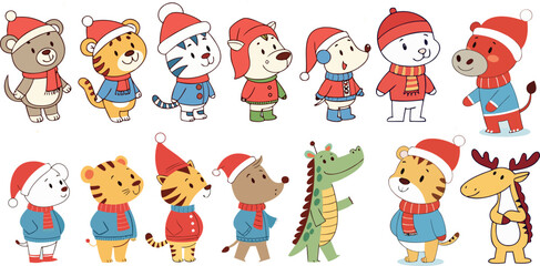 Festive Christmas animal characters in winter clothes and santa hats. Great for holiday cards, kids posters, stickers and seasonal projects. Vector EPS.