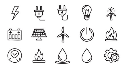 Eco friendly renewable energy sources represented with simple line art icons