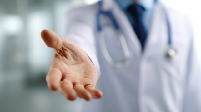 Doctor offering an open hand in a gesture of help or greeting.