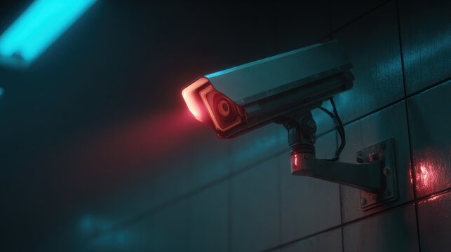 Security camera mounted on a dark wall illuminated by neon light.