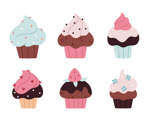 Adorable pastel cupcakes in Scandinavian minimalist style. Perfect for children's party designs, wrapping paper, stickers, greeting cards and kitchen-themed projects.