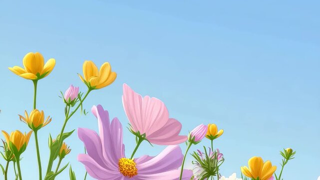 A lively meadow filled with various wildflowers showcases shades of pink, yellow, and white under a bright blue sky. The scene captures the essence of spring, radiating warmth and beauty.