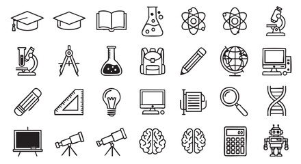 Education science and learning simple line icons set vector illustration