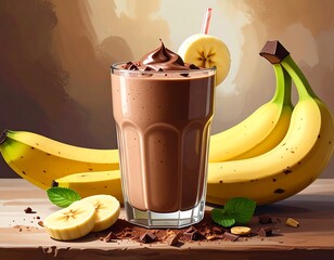 A chocolate milkshake with a banana slice garnish, served with bananas and mint