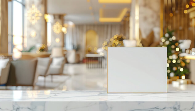 A blank white frame on a marble stand in a luxurious Christmas interior with warm lighting, festive bokeh, and an elegant holiday atmosphere. Mockup for text and messaging.