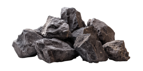 Pile of rough dark gray rocks on white background with clipping path and copy space for product design and editorial layout

