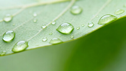 Fresh dew drops glistening on a vibrant green leaf, symbolizing nature's renewal and purity, perfect for eco-friendly branding and wellness concepts