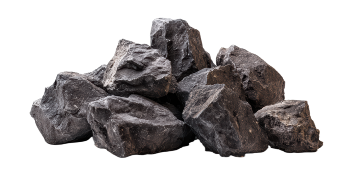 Pile of rough dark gray rocks on white background with clipping path and copy space for product design and editorial layout

