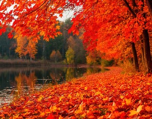 A path in an autumn park. Orange foliage in the forest