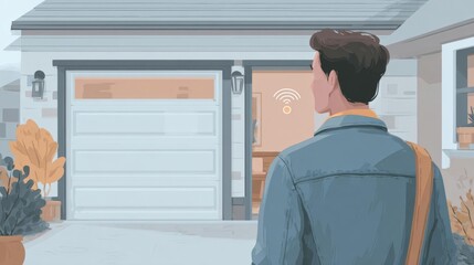 Man standing in front of a garage door. he is wearing a blue jacket and carrying a brown bag. the garage door is white and has a rectangular shape with a small window on the right side.