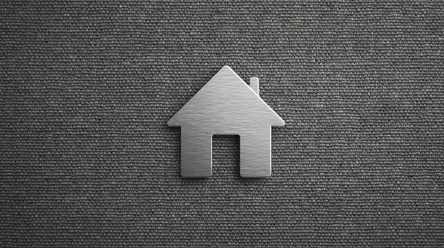 Close-up of a small, metallic house icon on a textured surface. the house is made of a silver-colored metal and has a triangular shape with a pointed roof and a small chimney on top.