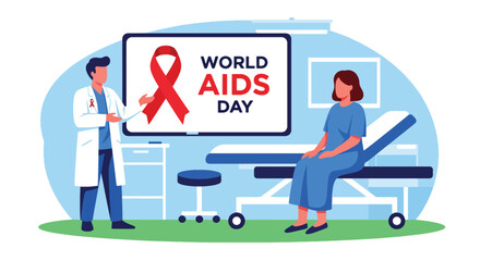 Doctor in a hospital room showing a screen with the Red Ribbon and World AIDS Day text to a female patient. Depicts HIV awareness, healthcare, support, and medical education