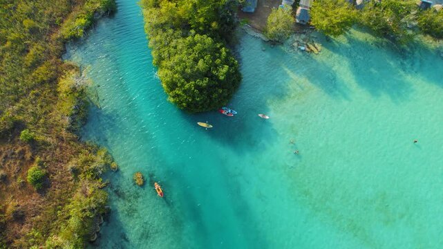 Paddleboarders exploring crystal blue water of Bacalar lagoon in tropical Mexico