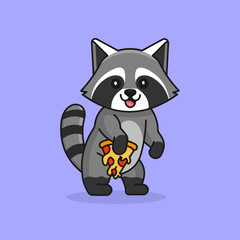 Cute Raccoon Joyfully Carrying a Gooey Cheese Pizza Slice – Vector Illustration