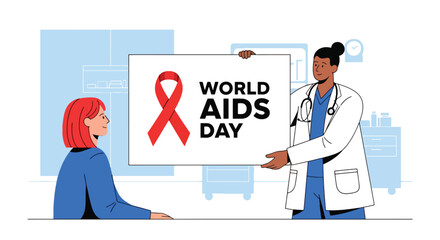 Doctor in a hospital room showing a screen with the Red Ribbon and World AIDS Day text to a female patient. Depicts HIV awareness, healthcare, support, and medical education