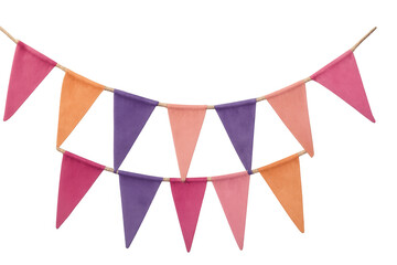 Colorful festival party bunting garland hanging, celebration pennant flags decoration, vibrant festive banner for events isolated
