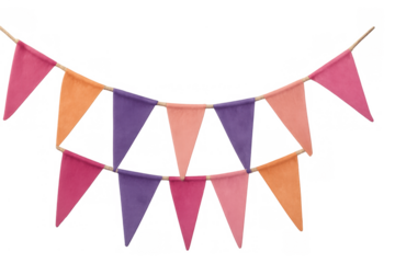 Colorful festival party bunting garland hanging, celebration pennant flags decoration, vibrant festive banner for events isolated