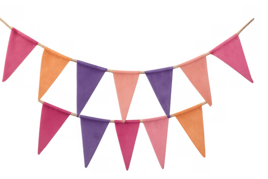 Colorful festival party bunting garland hanging, celebration pennant flags decoration, vibrant festive banner for events isolated