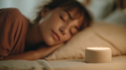 Young woman sleeping on a bed with her eyes closed and her head resting on a pillow. she is wearing a brown t-shirt and appears to be in a peaceful and relaxed state.