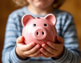 A child holds a piggy bank. Savings, money