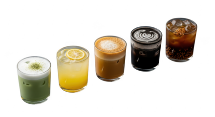 Assortment of five colorful and refreshing beverages in clear glasses, including matcha latte, lemonade, iced coffee, black tea, and bubble tea, isolated on transparent background