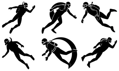 Obraz premium Silhouettes of scuba divers in various poses with diving gear on a white background underwater exploration