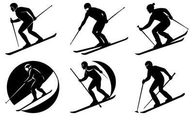 Fototapeta premium Silhouettes of skiers in various poses against a white background showcasing winter sports action and movement