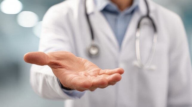 Doctor in white coat extends open hand toward viewer in clinic setting.