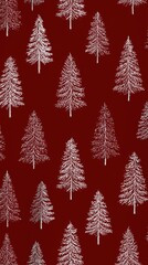 Obraz premium White Christmas trees pattern on dark red background 1