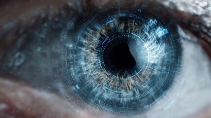 Extreme close up of eye with futuristic digital interface overlay