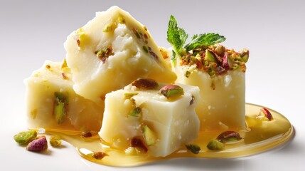 Sweet and Creamy Dessert with Pistachios and Honey Drizzled on a Minimalist Background