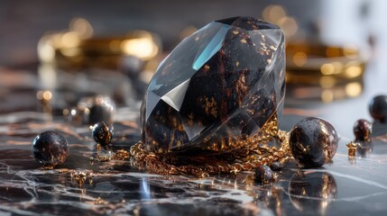 Exquisite Cut Gemstone Glittering on Elegant Marble Surface Surrounded by Gold Accents and Stylish Ornaments