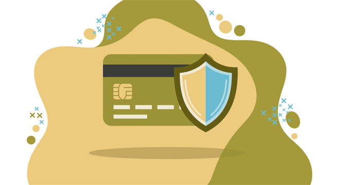 A secure credit card illustration shows protection with a shield, representing safe online transactions and financial security in a digital age.