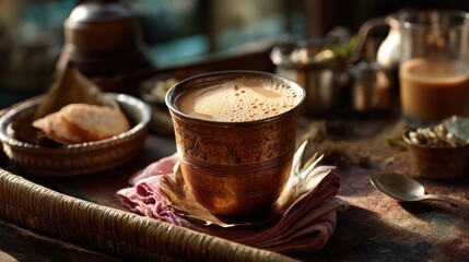 Authentic Indian Chai Served in Traditional Cup with Snacks and Decorative Elements in Warm Ambient Light