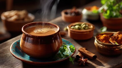 Traditional Indian Chai in a Clay Cup Surrounded by Spices and Ingredients on a Wooden Table