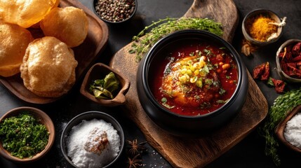 Colorful Indian Cuisine Featuring Spicy Gravy, Crispy Puri, Fresh Herbs, and Various Ingredients on Dark Table
