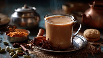 Warm Spiced Tea in Transparent Mug Surrounded by Aromatic Ingredients and Cookies on Rustic Wooden Table