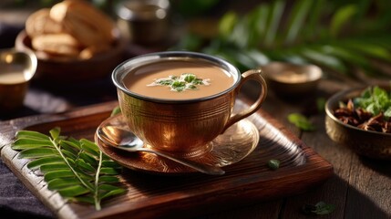 Cozy Cup of Chai Tea with Fresh Mint and Traditional Cookies on Rustic Wooden Table Setting