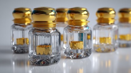 Elegant Glass Perfume Bottles with Golden Caps on a Smooth Surface in a Creative Arrangement