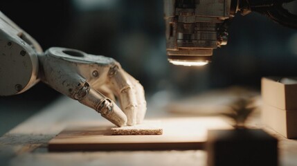 Robotic hand working on a piece of wood in a workshop. the hand is positioned on the left side of the image, with the fingers slightly curled around the edge of the wood.