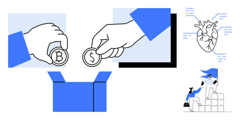 Coins labeled with financial symbols placed in an open box, anatomical heart graphic with labels, and people climbing blocks symbolize collaboration, innovation, fundraising, goals, and teamwork