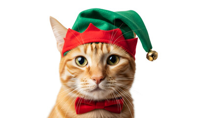 Cute Ginger Cat Wearing Green Elf Hat and Bow Tie - Adorable Christmas Pet Portrait for Festive Design, merry Christmas 