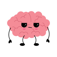 Brain angry, cute child character. Confused brain doubt over question, seek answer.