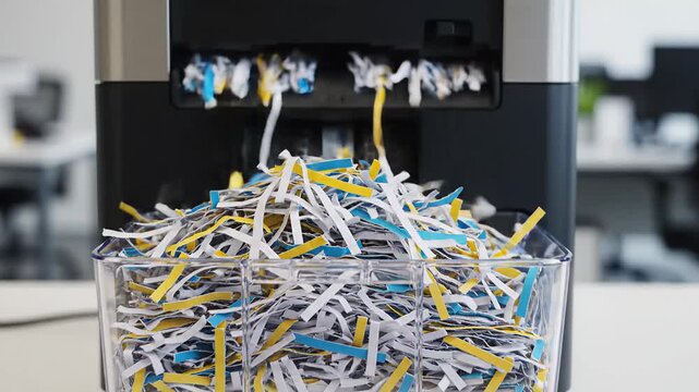 Office paper shredder with shredded paper spilling into container  