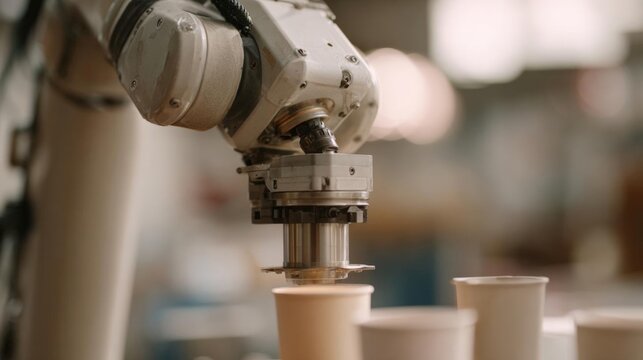 Close-up of a robotic arm in a factory setting. the arm is white and appears to be made of metal, with a cylindrical shape.