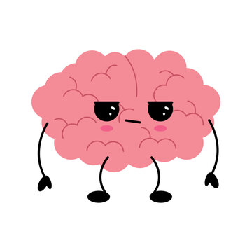 Brain angry, cute child character. Confused brain doubt over question, seek answer.