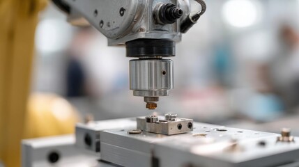Close-up of a cnc (computer numerical control) machine in action. the machine is mounted on a metal base with a drill bit inserted into it.