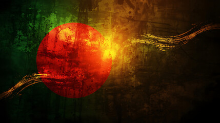 Abstract Bangladesh Flag Texture, Dark Grunge Background with Red Sun, Green and Black Colors, Patriotic Banner Design
