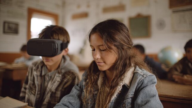 Young girl sitting at a desk in a classroom, wearing a virtual reality headset. she is looking down at a book in front of her with a focused expression on her face.